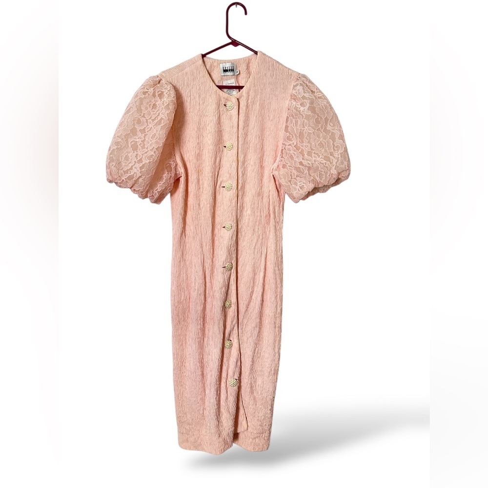 Vintage 80’s Elegant Pink Lace women’s Dress size‎ 16 Lacey puffy sleeves (A-84)